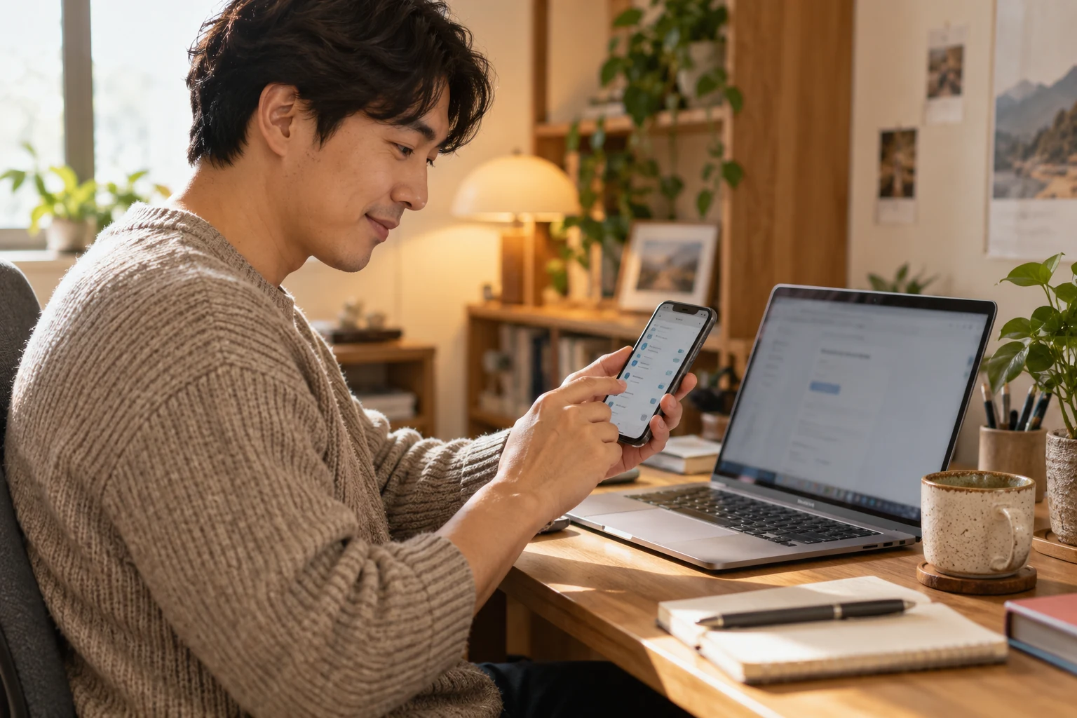 노트북과 스마트폰을 보며 네이버 검색광고 API 정보를 안전하게 옮겨 적는 운영자
