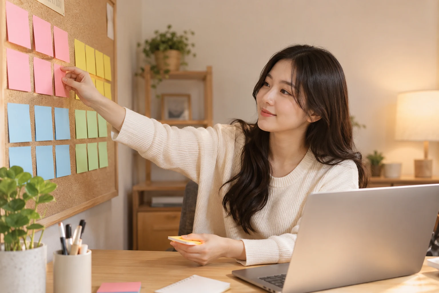 코르크 보드에 메모지를 붙이며 파워링크 키워드를 분류하는 마케터