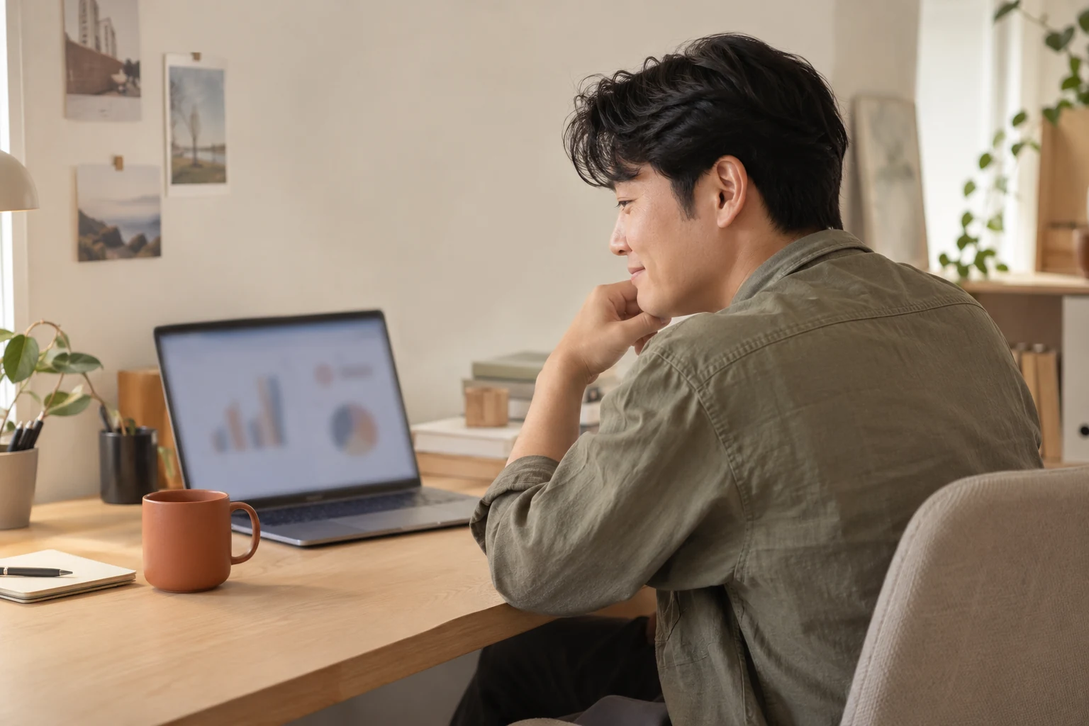 노트북 화면의 연관 키워드 검색수 그래프를 살펴보는 운영자